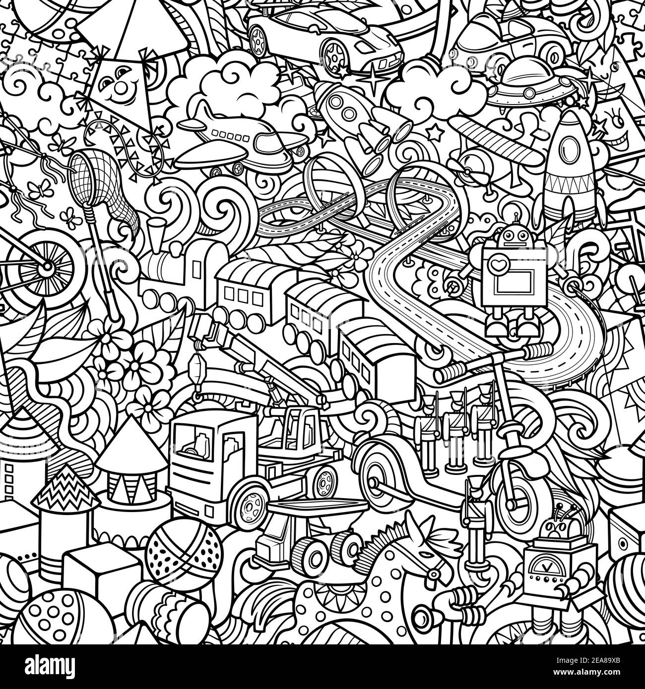 Cartoon cute doodles hand drawn kids toys seamless pattern Stock Vector ...