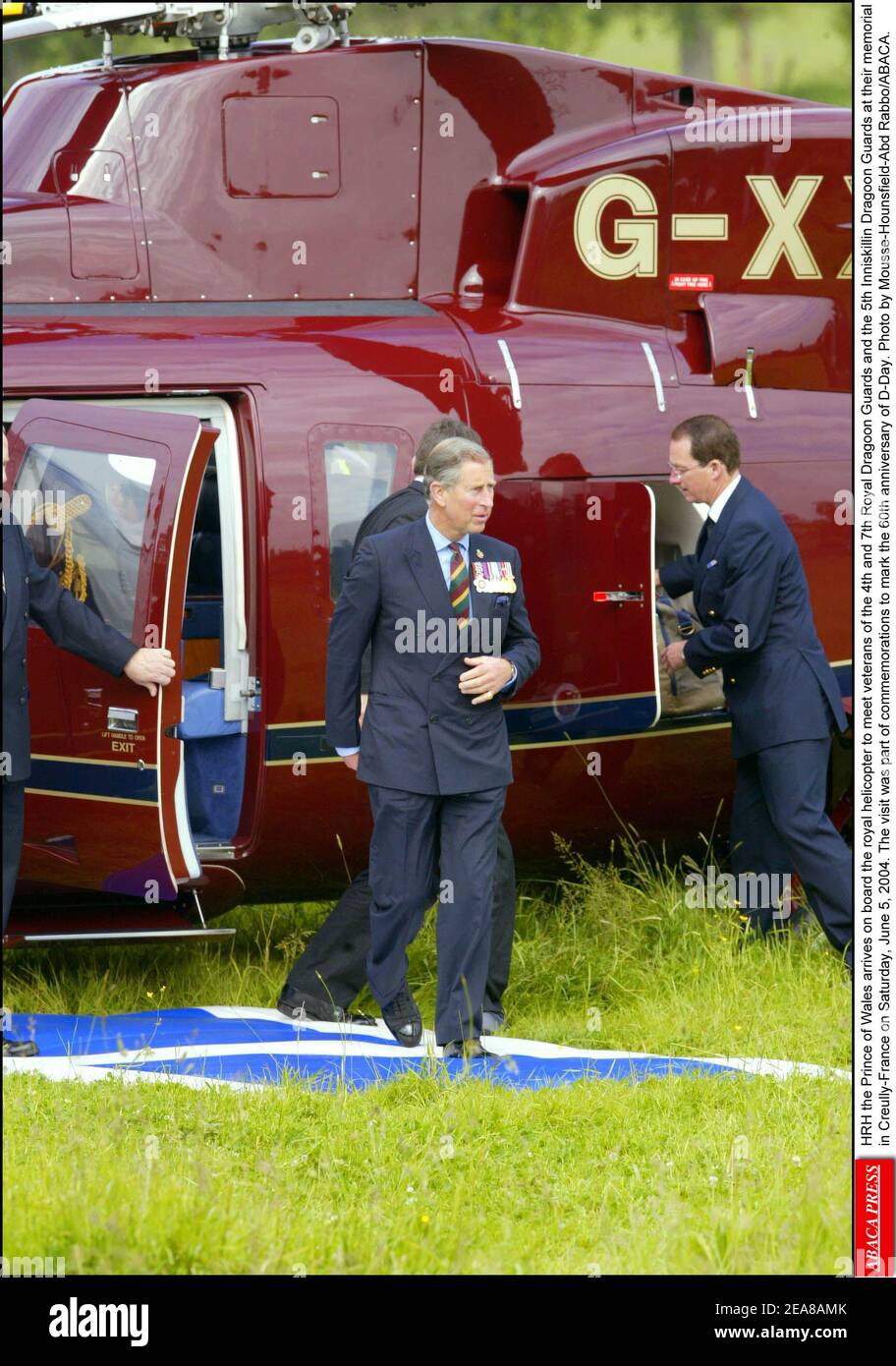 HRH the Prince of Wales arrives on board the royal helicopter to meet  veterans of the 4th and 7th Royal Dragoon Guards and the 5th Inniskillin  Dragoon Guards at their memorial in