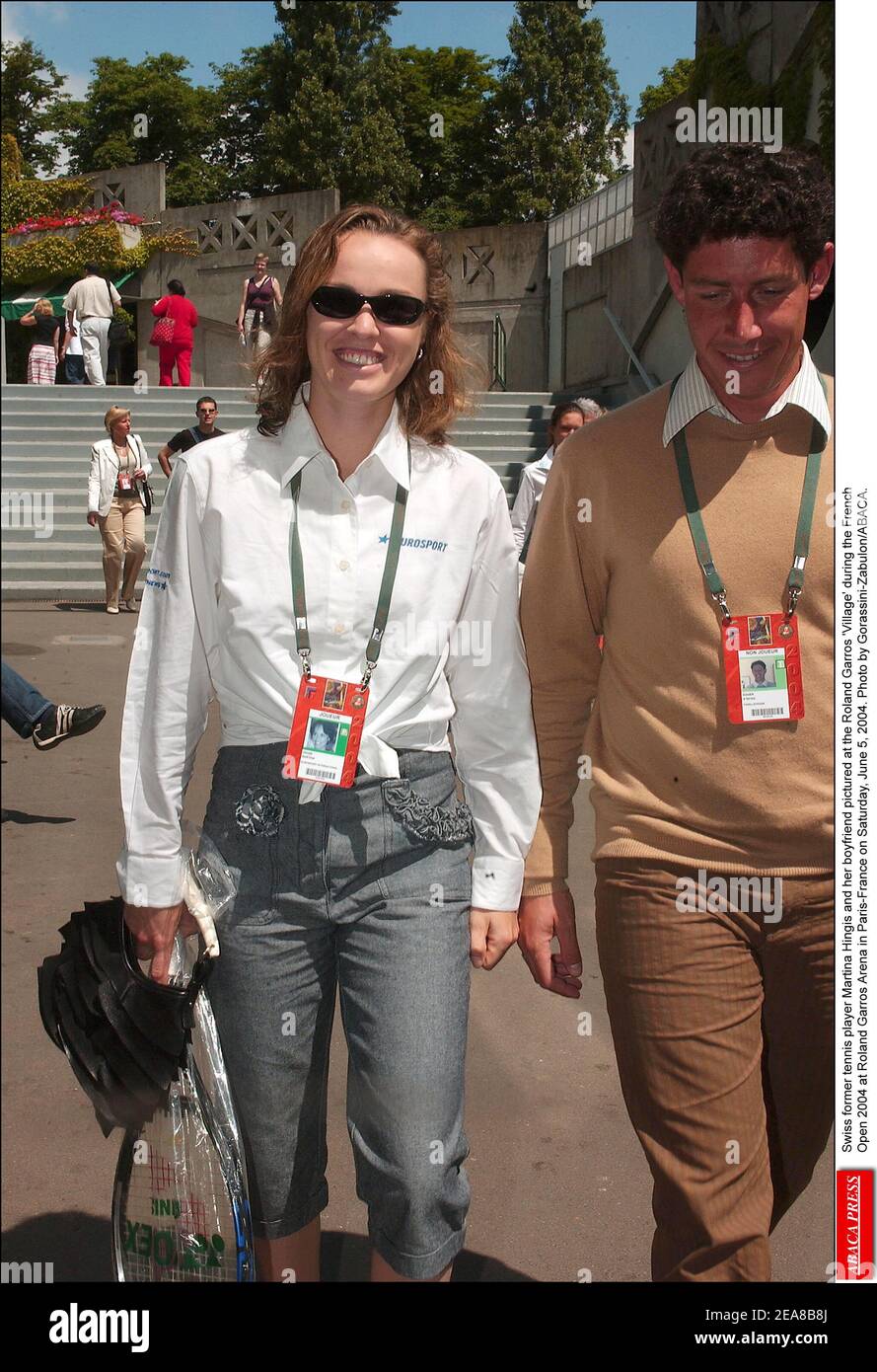 Swiss former tennis player Martina Hingis and her boyfriend pictured at the  Roland Garros 'Village' during the French Open 2004 at Roland Garros Arena  in Paris-France on Saturday, June 5, 2004. Photo