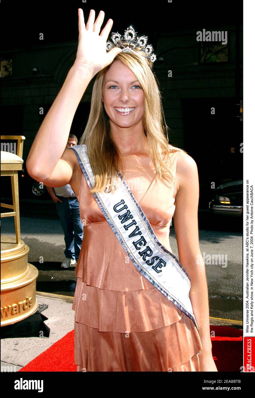 Miss Universe 2004, Australian Jennifer Hawkins, at ABC's studio for her guest appearance on the Regis and Kelly show, in New York city on June 7, 2004. Photo by Antoine Cau/ABACA Stock Photo