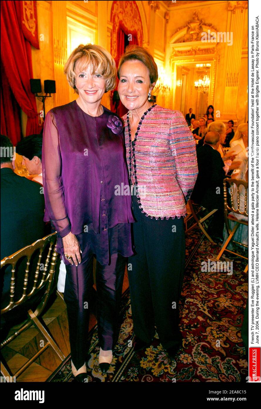 French TV presenter Eve Ruggieri (L) and astrologue Yaguel Didier attend a gala party to the benefit of the 'Cardiovascular Foundation' held at the Hotel de Lassay in Paris-France on June 7, 2004. During the evening, LVMH CEO Bernard Arnault's wife, Helene Mercier-Arnault, gave a four hands piano concert together with Brigitte Engerer. Photo by Bruno Klein/ABACA. Stock Photo