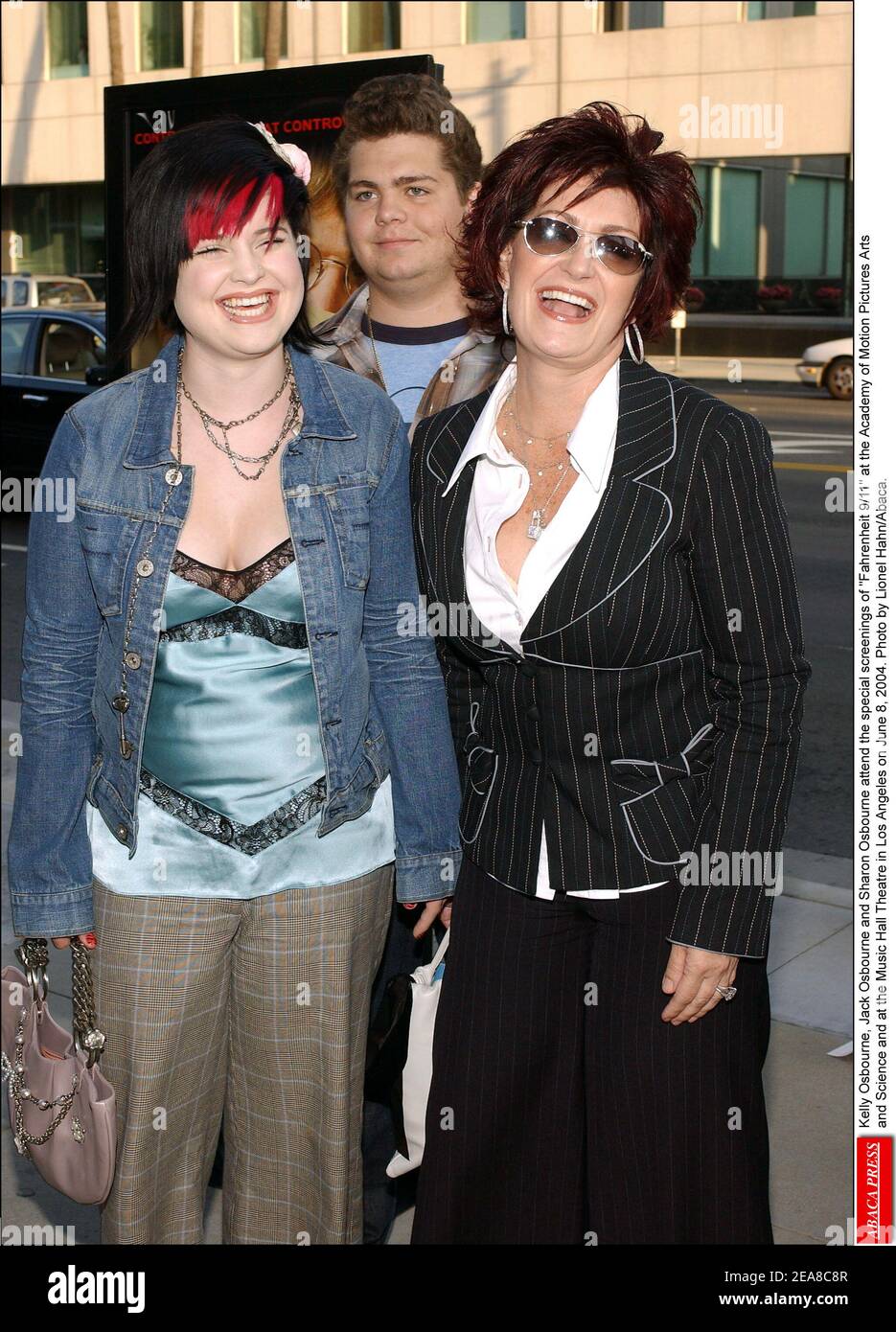 Kelly Osbourne, Jack Osbourne and Sharon Osbourne attend the special screenings of Fahrenheit 9/11 at the Academy of Motion Pictures Arts and Science at the Music Hall Theatre in Los Angeles on June 8, 2004. Photo by Lionel Hahn/Abaca. Stock Photo