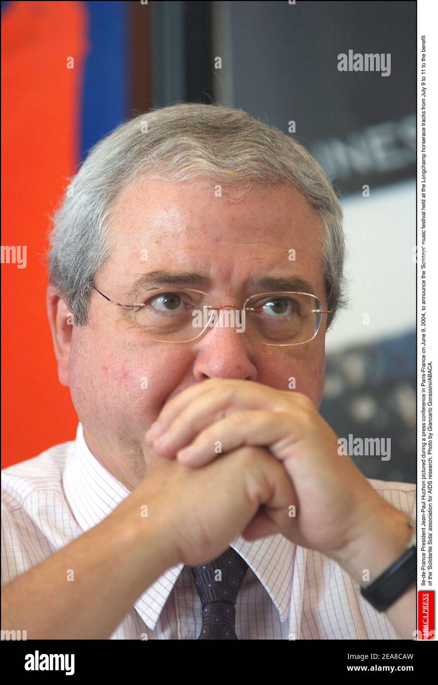 Ile-de-France President Jean-Paul Huchon pictured during a press conference  in Paris-France on June 9, 2004, to announce the 'Solidays' music festival  held at the Longchamp horserace tracks from July 9 to 11