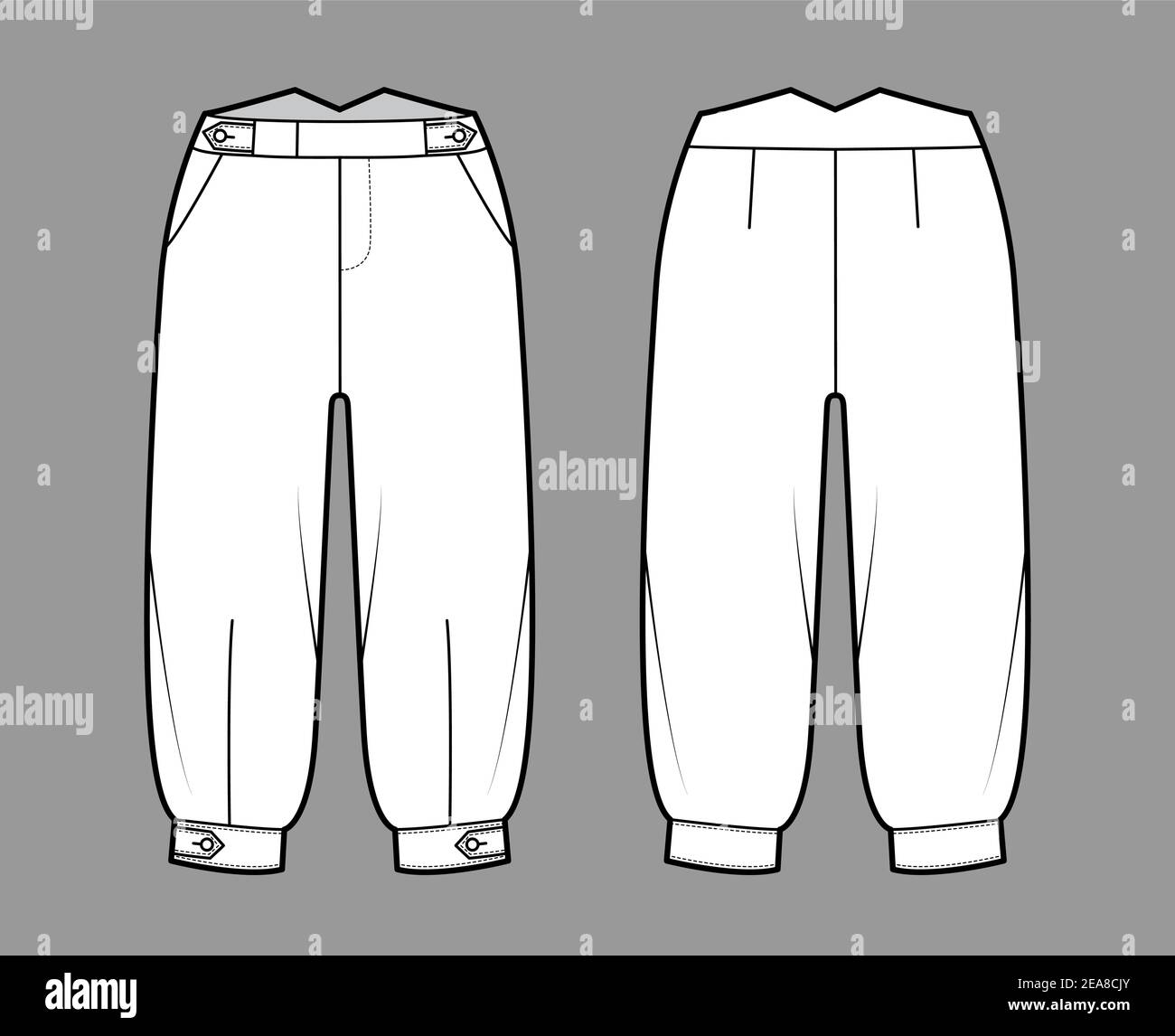 Short plus fours pants technical fashion illustration with tab, knee length, normal waist, rise, slashed pocket. Flat breeches bottom template front, back, white color style. Women, men CAD mockup Stock Vector