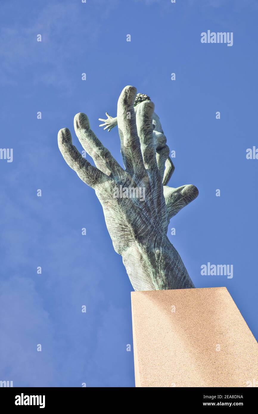 The Hand of God (Carl Milles 1953), small man standing in a large hand  looking upwards, Millesgarden, Lidingo, Stockholm, Sweden Stock Photo -  Alamy