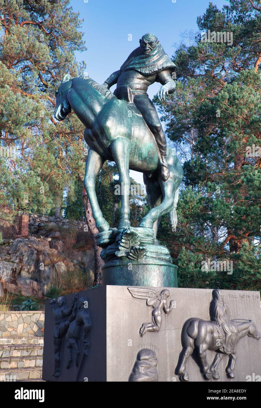 Bronze sculpture (Carl Milles 1927) of Folke Filbyter depicted on his horse slipping as he crosses a brook, Millesgarden, Lidingo, Stockholm, Sweden Stock Photo