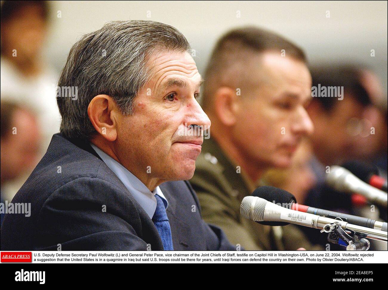 U.S. Deputy Defense Secretary Paul Wolfowitz (L) and General Peter Pace, vice chairman of the Joint Chiefs of Staff, testifie on Capitol Hill in Washington-USA, on June 22, 2004. Wolfowitz rejected a suggestion that the United States is in a quagmire in Iraq but said U.S. troops could be there for years, until Iraqi forces can defend the country on their own. Photo by Olivier Douliery/ABACA. Stock Photo