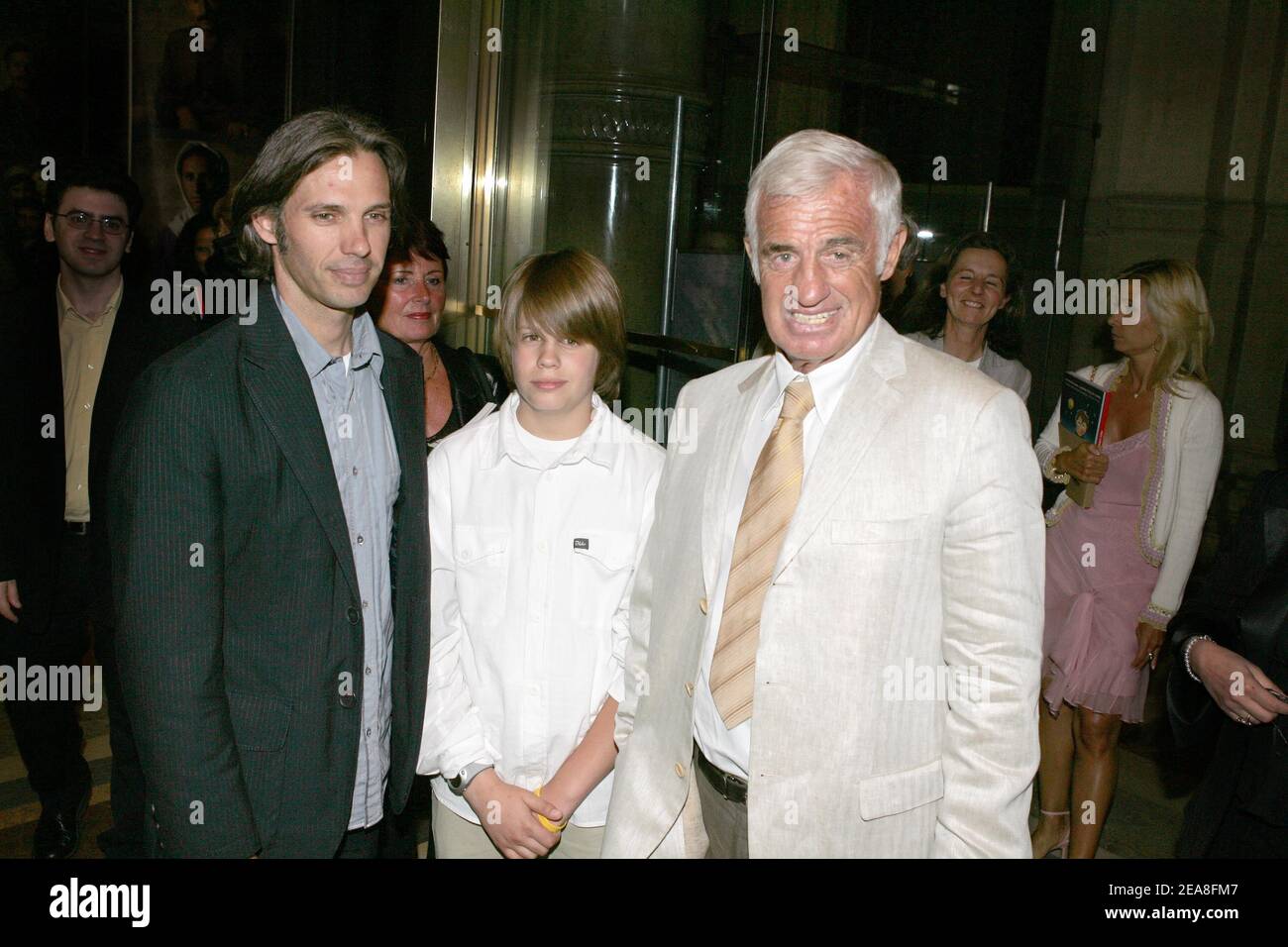 L to R) French actor Jean-Paul Belmondo's son Paul Belmondo, Paul's son  Alessandro and Jean-Paul Belmondo pictured during the opening ceremony of  the 2nd Festival Paris Cinema at the Hotel de Ville (