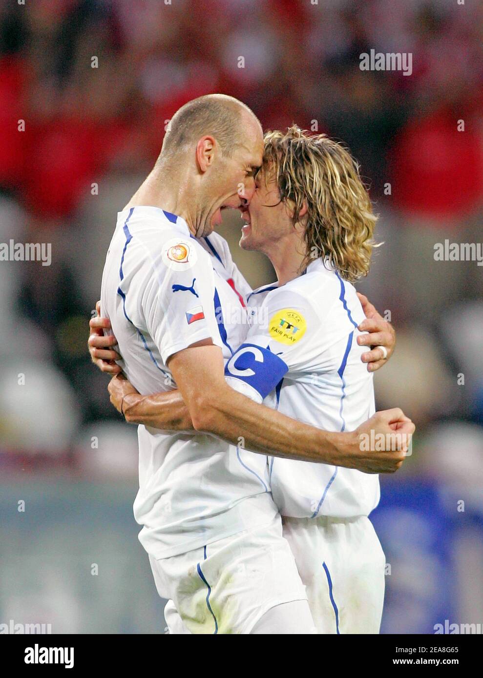 Czech Republic's Pavel Nedved and Jan Koller during the European championships in Porto, Portugal, on July 3, 2004. Photo by Christian Liewig/ABACAPRESS.COM Stock Photo