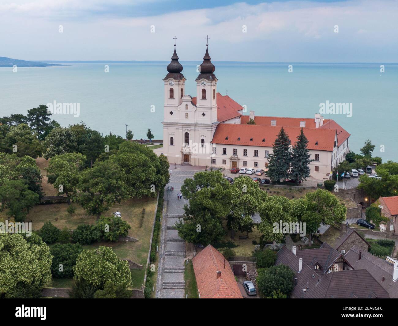 Aerial photo shows the historical Benedictine monastery of Tihany Stock Photo