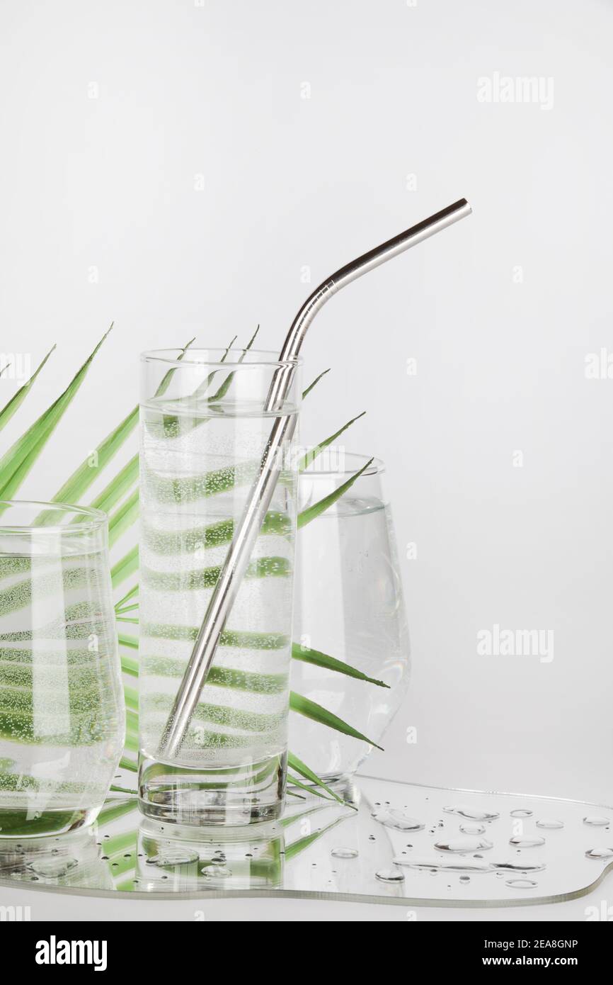 palm leaf distorted through water in glasses with reusable tube on white background.pure water,relax , surreal ,eco-friendly home concept.copy space.  Stock Photo