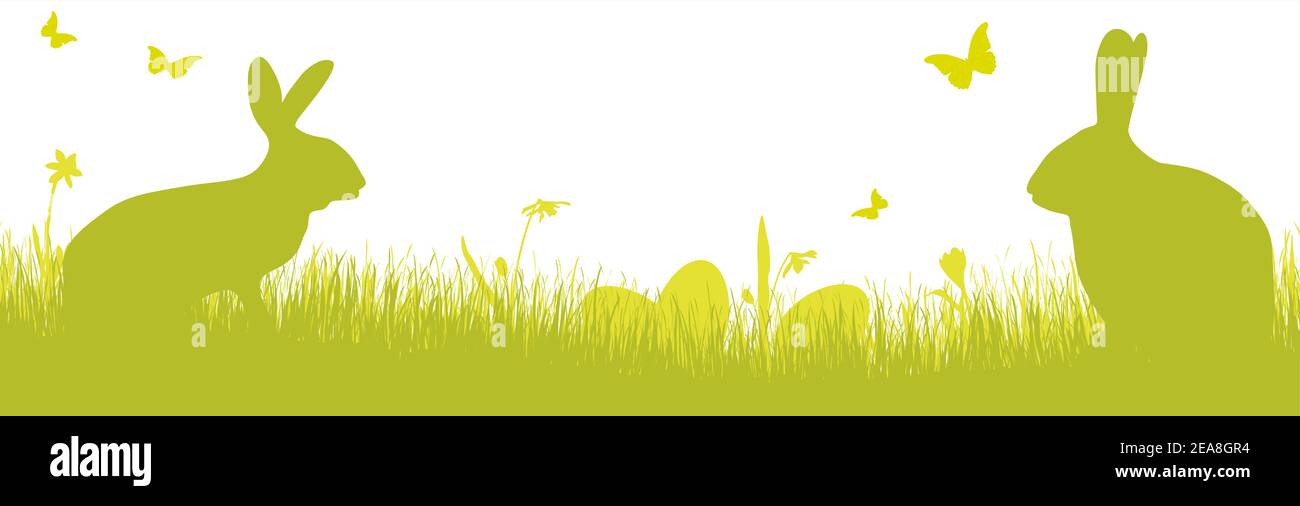 vector panorama illustration for easter time, happy background with green silhouette of a rabbits with eggs , grass, flowers. Spring time backdrop for Stock Vector