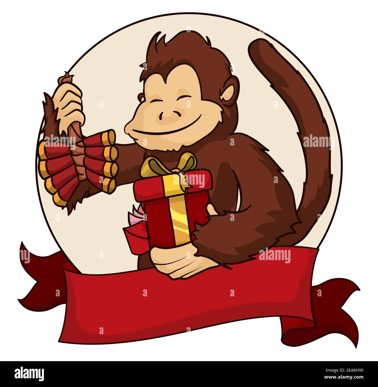Monkey ready for Chinese New Year: holding envelopes, money, gifts, firecrackers and an empty ribbon template. Stock Vector
