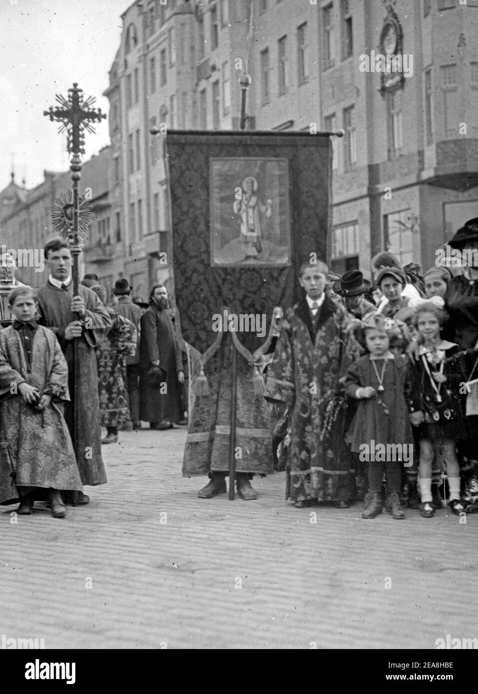 Fete days in Serbia. Scenes in a children's parade in Belgrade, the capital of Serbia. There are more  legal holidays exclusive of Sundays in Serbia, quite a Slav custom, and all businesses is suspended in order that the populace may participate in the parades or watch them as they pass through the streets - August 1920 Stock Photo