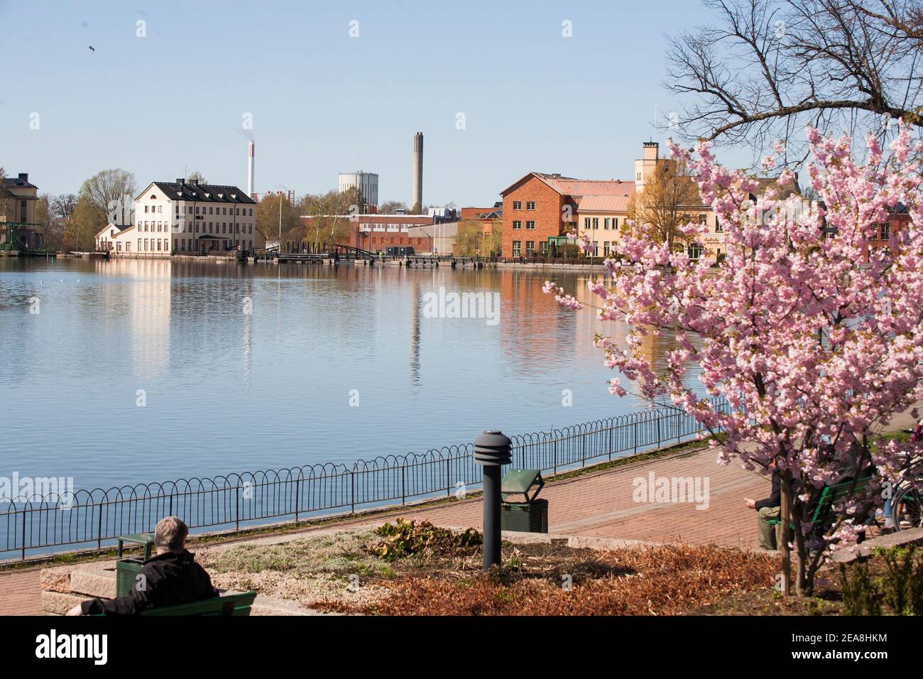 ESKILSTUNA  city park and the Eskilstuna river towards the old Industrial area along the river Stock Photo