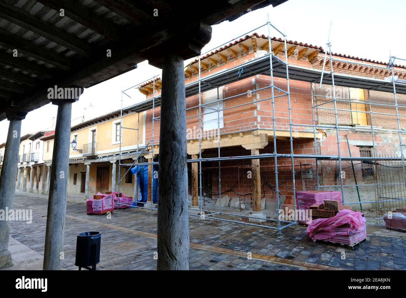 Construction of a modern house in keeping with traditional style in the old quarter. Ampudia, Palencia Province, Castille y Leon, Spain Stock Photo