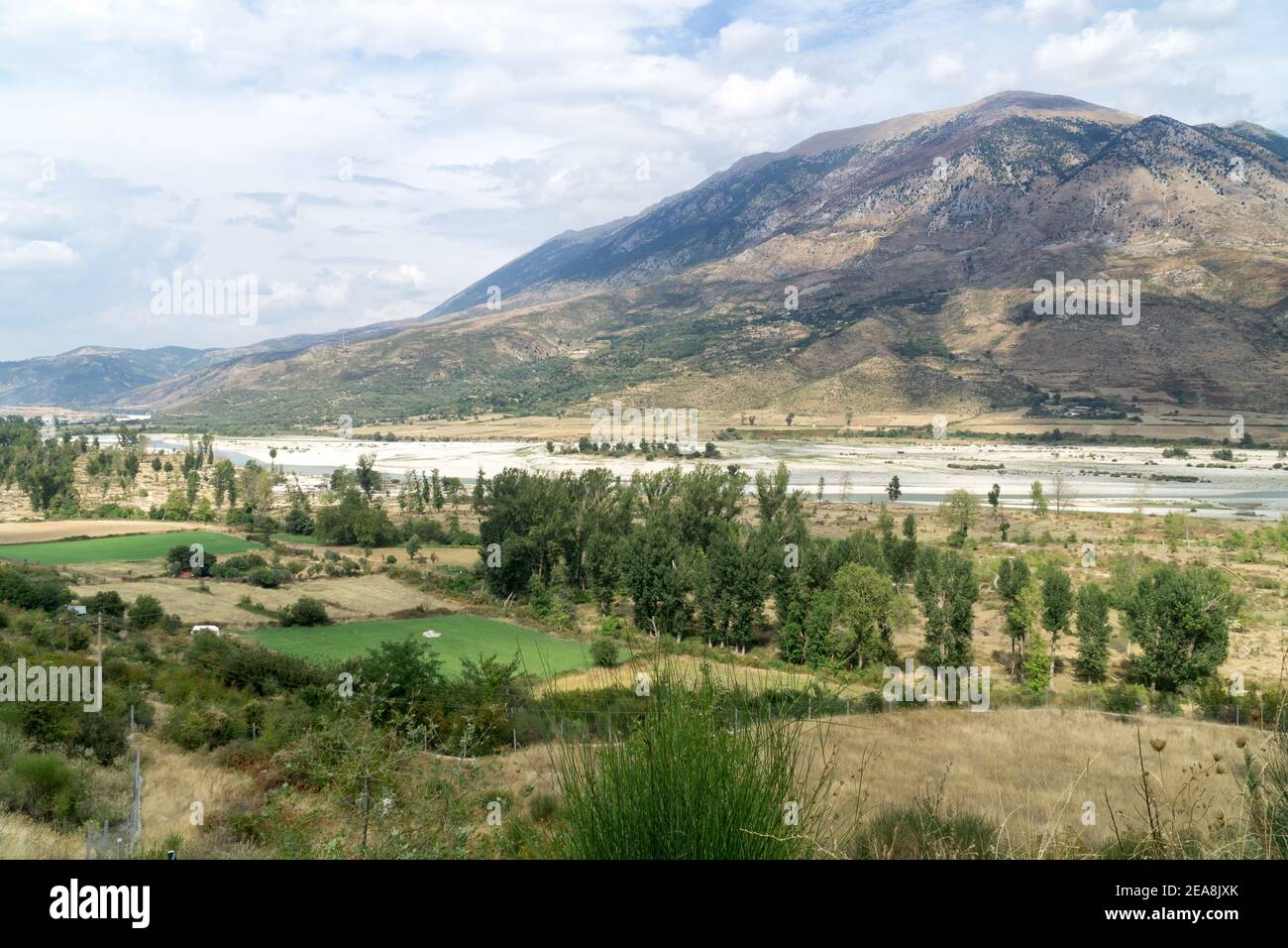 The Drino River Valley in summer, low water level. Albania, Tepelene District, Europe. Stock Photo