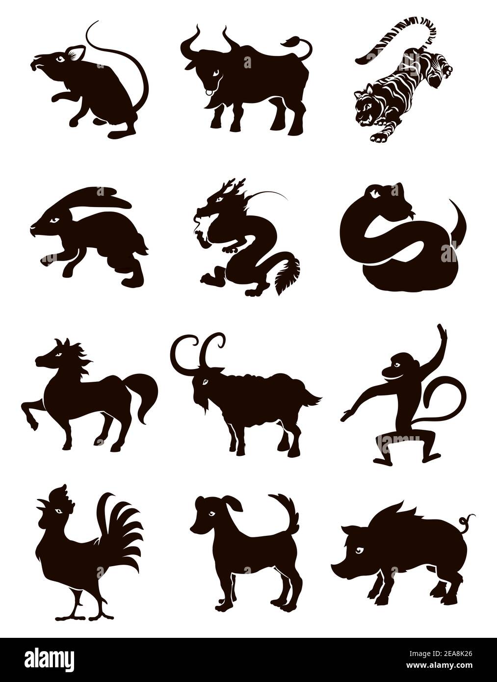 Black silhouettes representing the twelve animals of Chinese Zodiac: ox,  tiger, rabbit, dragon, snake, horse, goat, monkey, rooster, dog and pig  Stock Vector Image & Art - Alamy