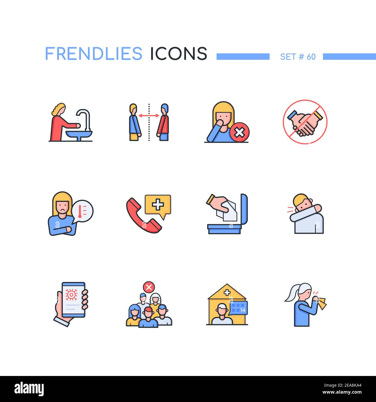 Coronavirus Protective Measures - line design style icons set. Washing hands, social distancing, avoid touching face, no handshake, throw used tissue, Stock Vector