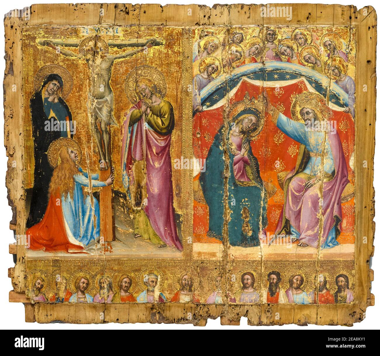 Simone dei Crocifissi, Small altarpiece showing the Crucifixion, the Coronation of the Virgin Mary, and Christ and the Apostles, painting, circa 1370 Stock Photo