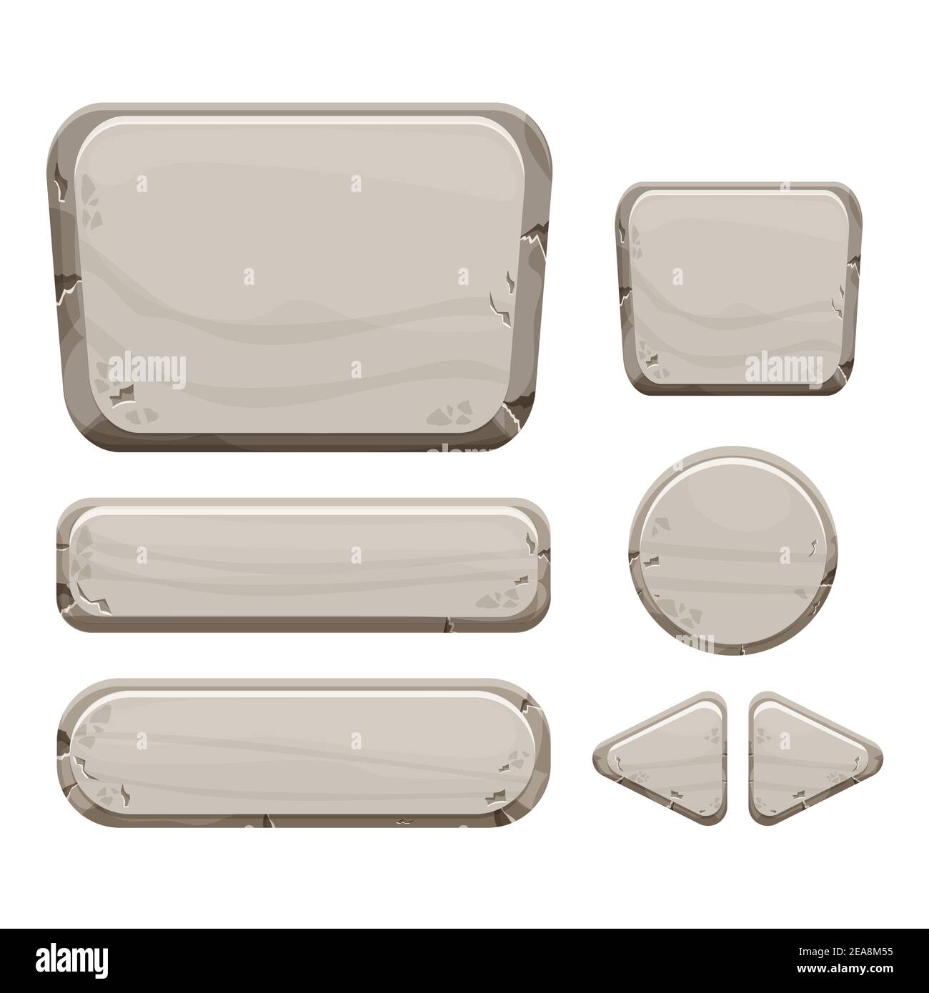 Stone buttons collection, set of rock assets in cartoon style isolated on white background. Mineral detailed objects ui game interface, app pannel. Ve Stock Vector