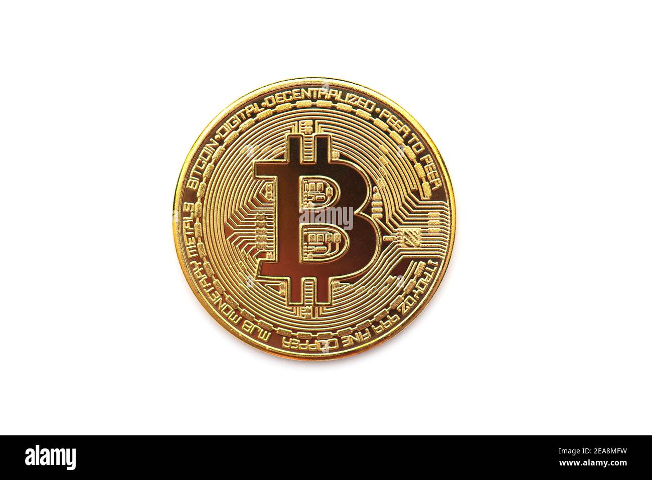 Golden Bitcoin symbol, round coin as cryptocurrency, digital money,  isolated on white Stock Photo - Alamy