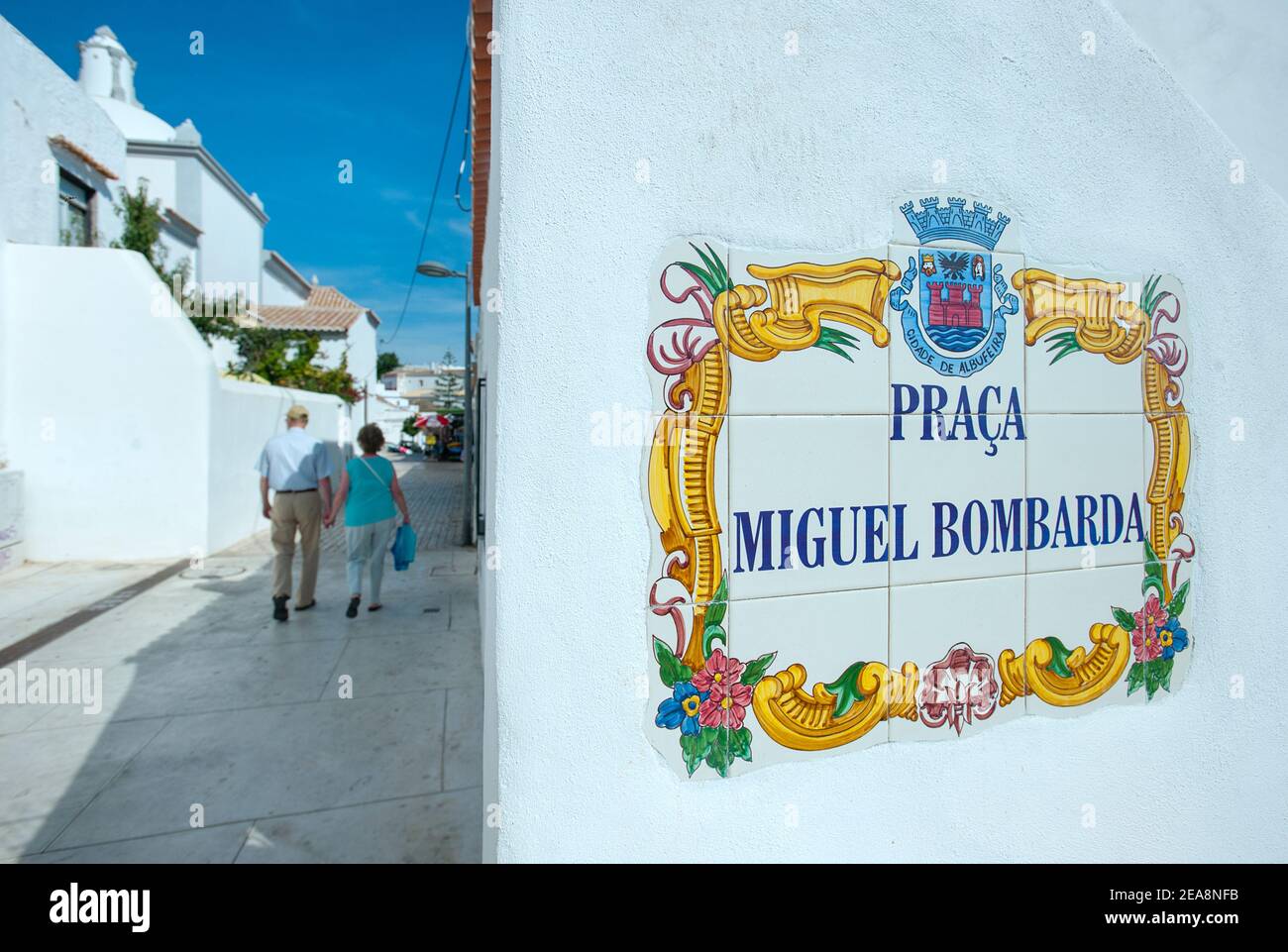 Ceramic tile street name, Albufeira, Algarve, Portugal Stock Photo