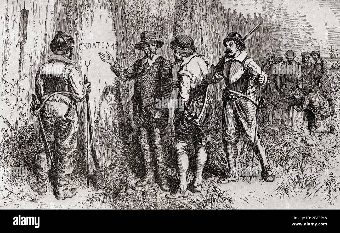 The Lost Colony of Roanoke, Roanoke Island, North Carolina, United States of America, where 115 people mysteriously disappeared c. 1590. John White discovers the word Croatoan carved onto a tree upon his return to the deserted Roanoke Colony in 1590. Stock Photo
