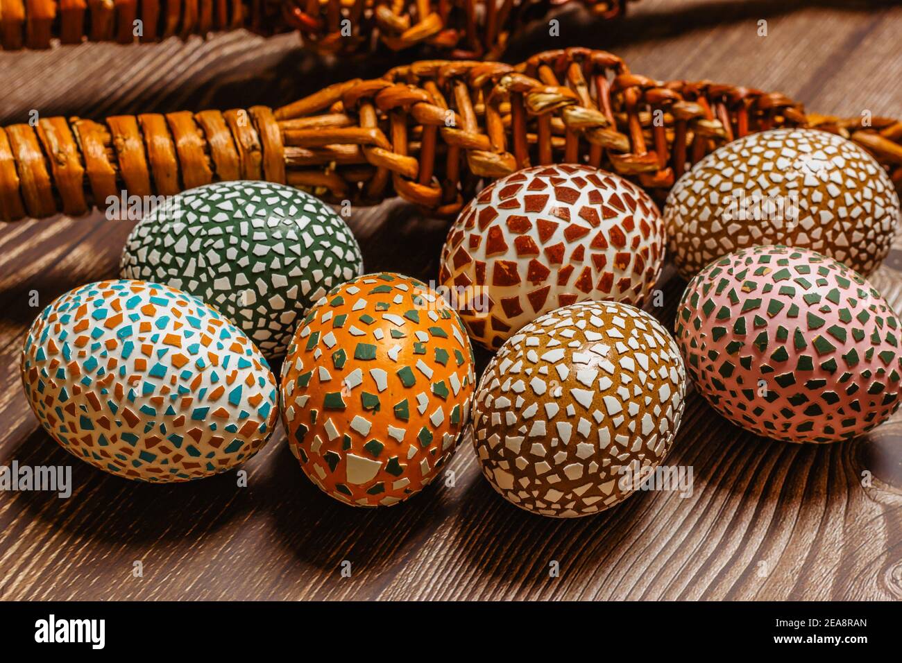 Happy Easter.Colorful hand painted decorated Easter eggs, willow branches.  Handmade Easter eggs on wooden table.Spring decoration background. Festive  Stock Photo - Alamy