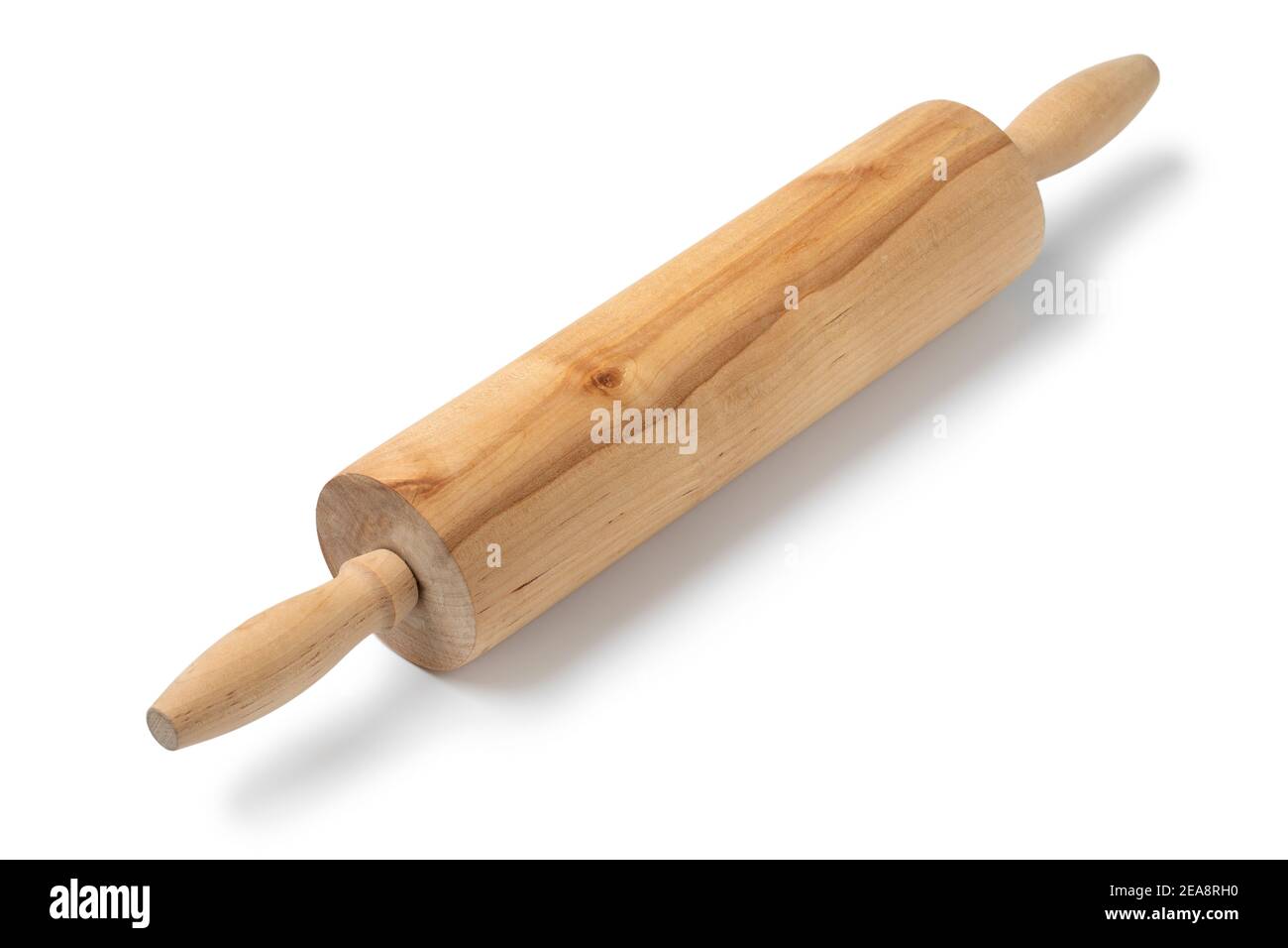 Single wooden rolling pin close up isolated on white background Stock Photo