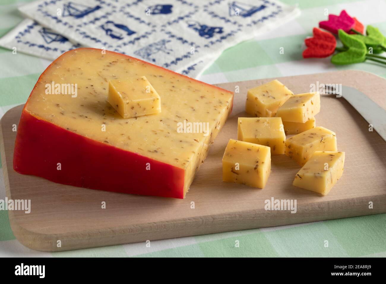 Piece of traditional low fat Dutch cumin cheese called Pan Pan and