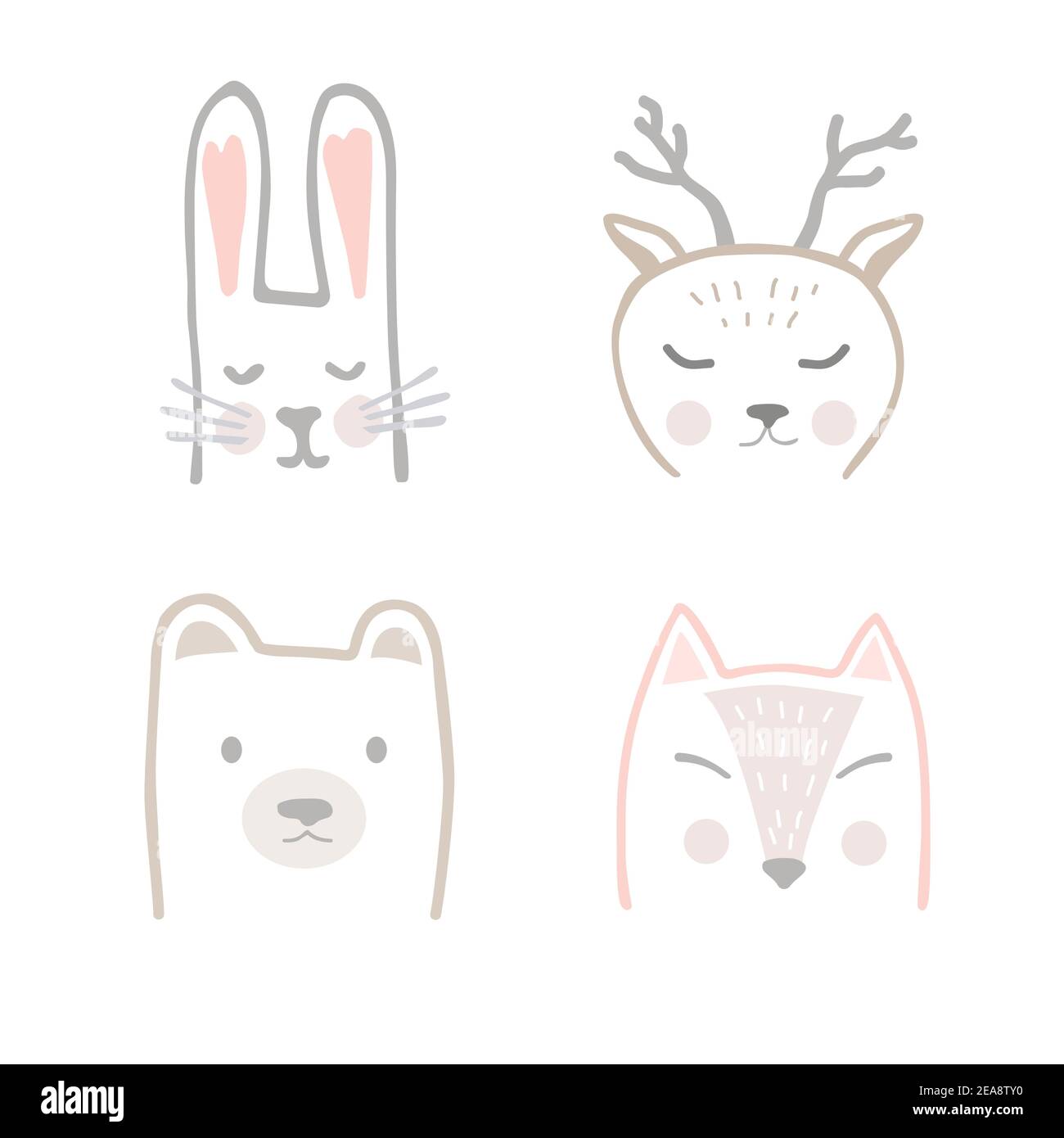 Set of forest animals in hand drawn Scandinavian style. Cartoon vector illustration depicting a Fox, Hare, Deer, and Bear for printing on fabric Stock Vector