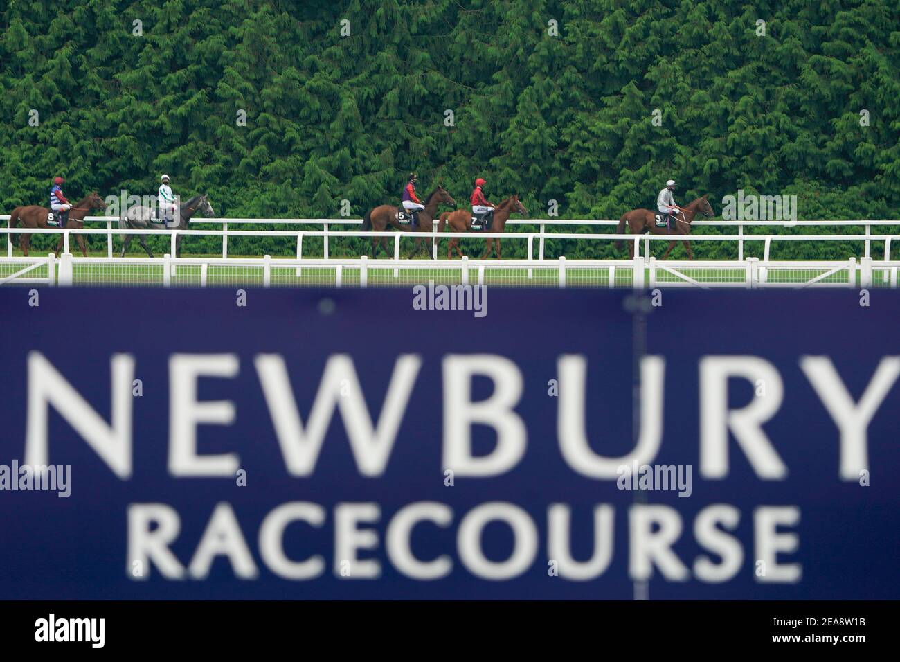 File photo dated 15-08-2020 of A general view as runners make their way to the start at Newbury Racecourse. Issue date: Monday February 8, 2021. Stock Photo