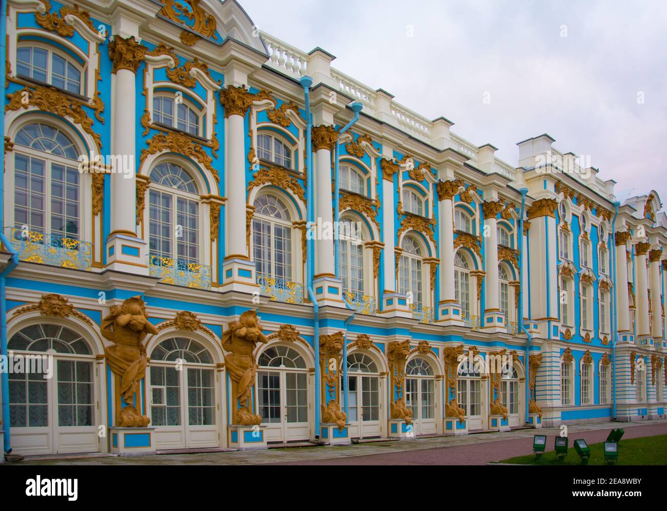 The Catherine Palace is a Rococo palace in Tsarskoye Selo south of St. Petersburg, Russia. It was the summer residence of the Russian tsars. Stock Photo