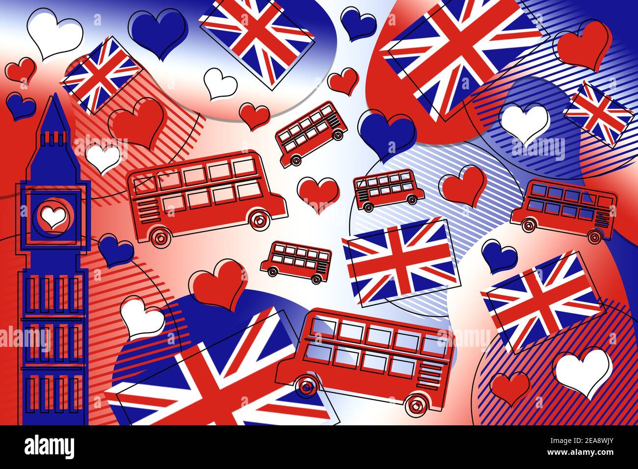 Memphis style background illustration of London, UK with big ben, Union Jack flag and double decker bus in red, white and blue colors. Stock Photo