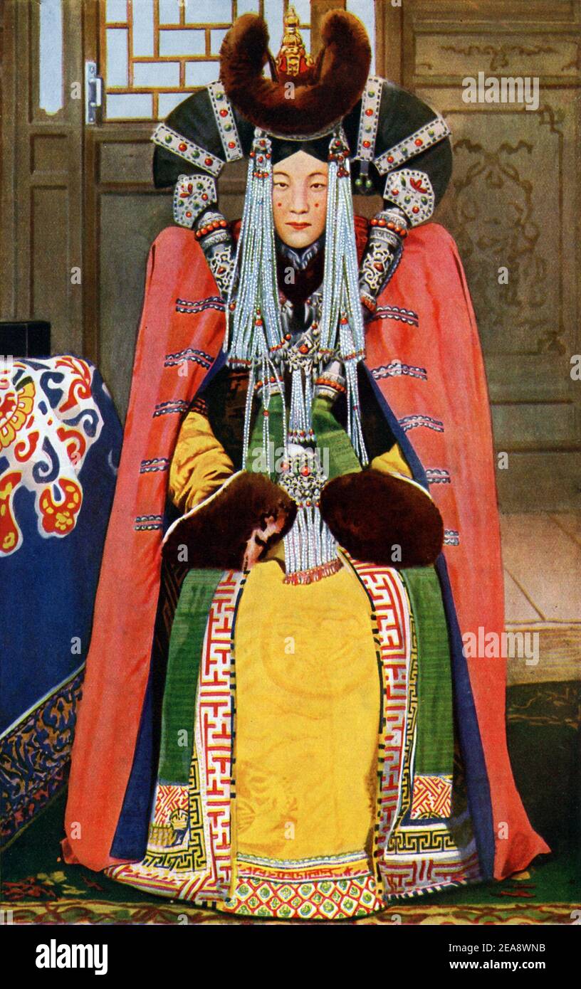 An illustration entitled Khalkha Mongolian women’s traditional headdress circa 1920 the style inspired Queen Amidala's costumes in Star Wars, Episode 1 The Phantom Menace Stock Photo