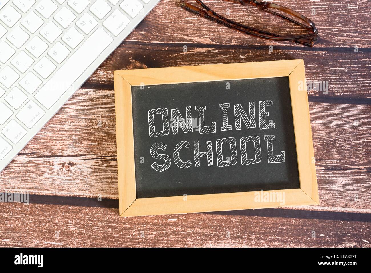 Computer, blackboard and home school Stock Photo Alamy
