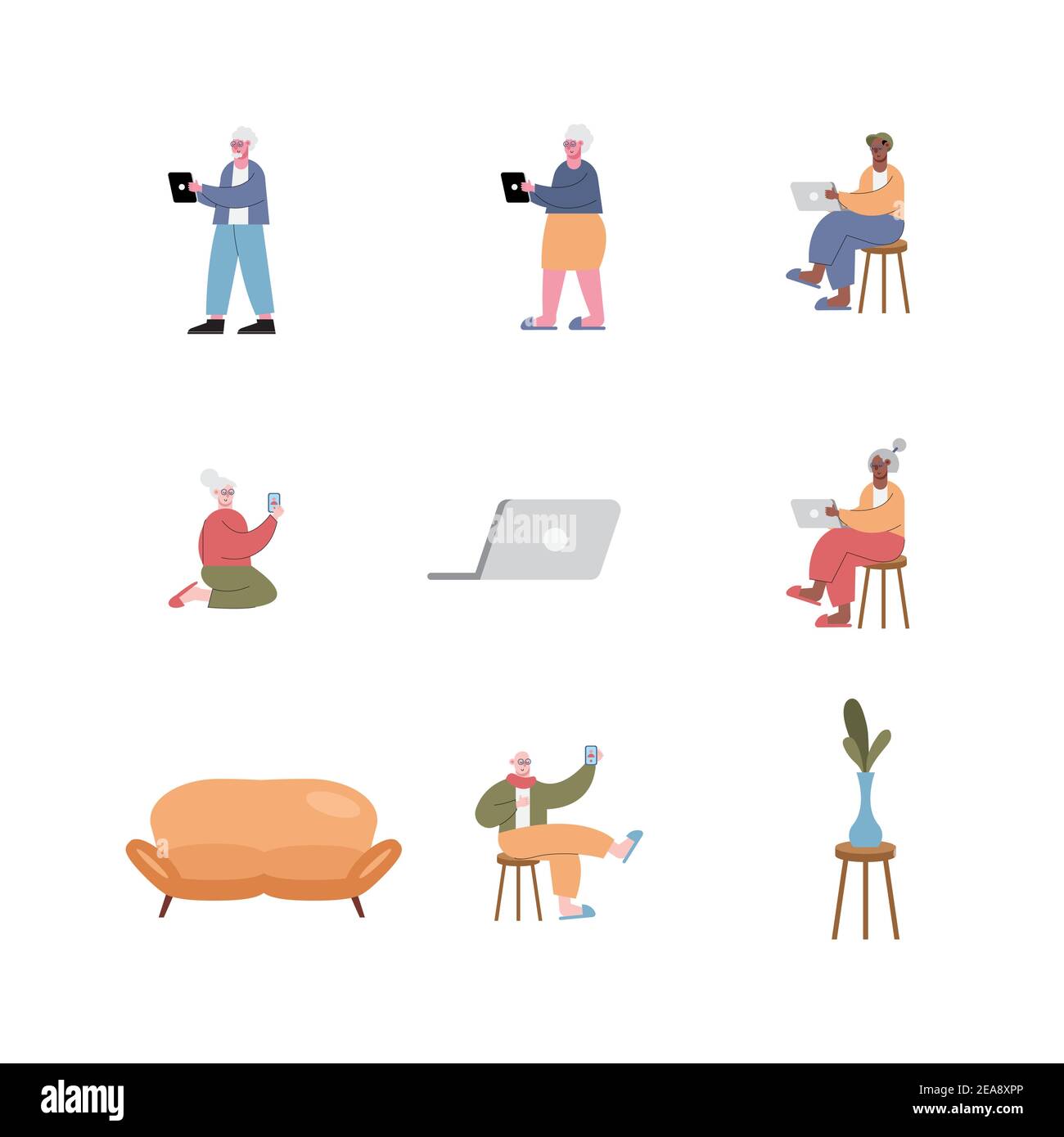 interracial old people using technology and set icons vector illustration design Stock Vector