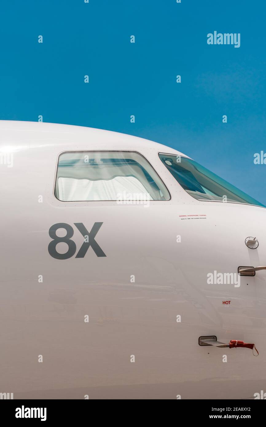 LANGKAWI, MALAYSIA - Mar 30, 2019: View of the front side cockpit of the Dassault Falcon 8X Stock Photo