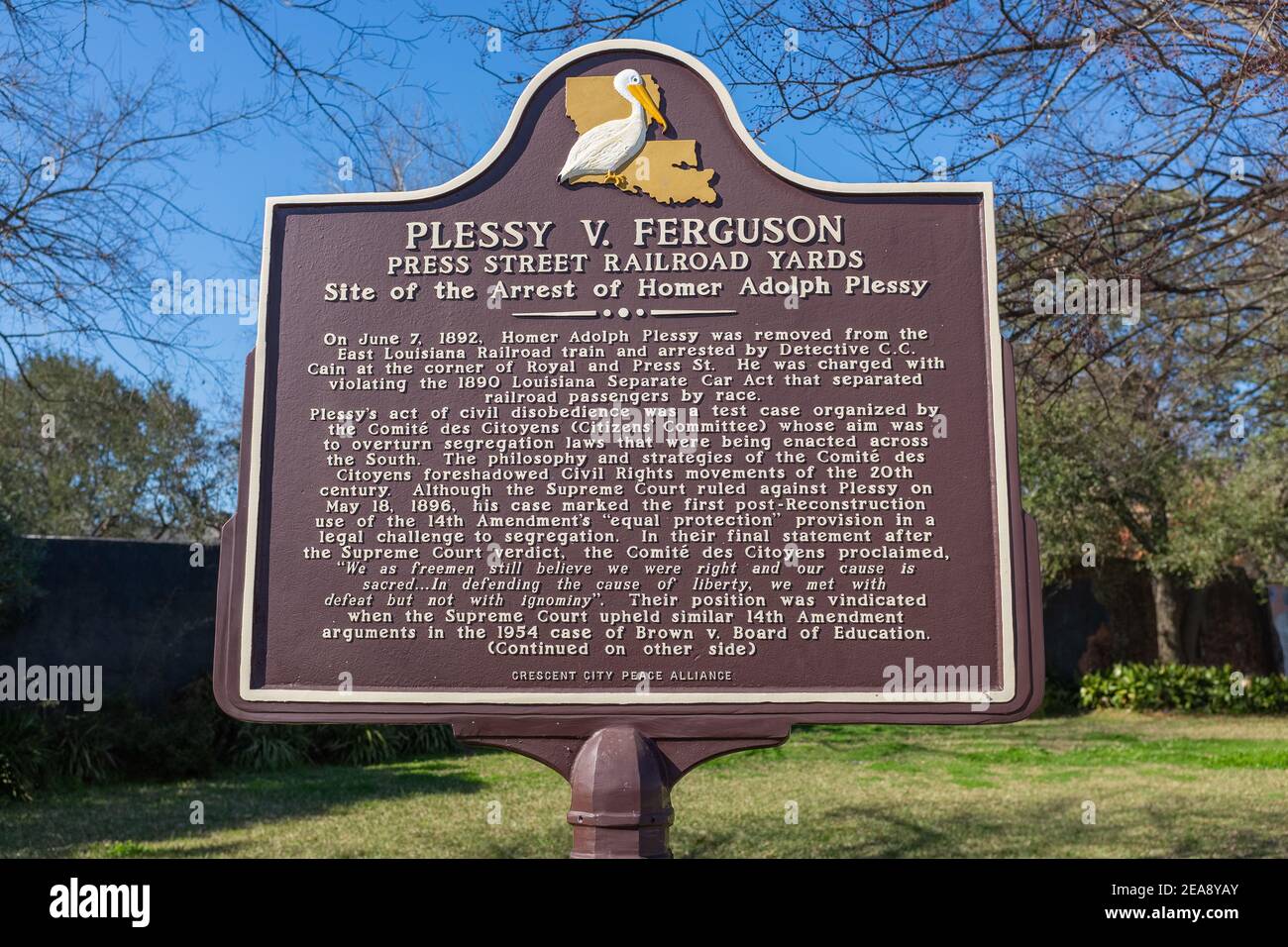 NEW ORLEANS, LA, USA - FEBRUARY 1, 2021: Plessy v. Ferguson historic marker in Faubourg Marigny Stock Photo