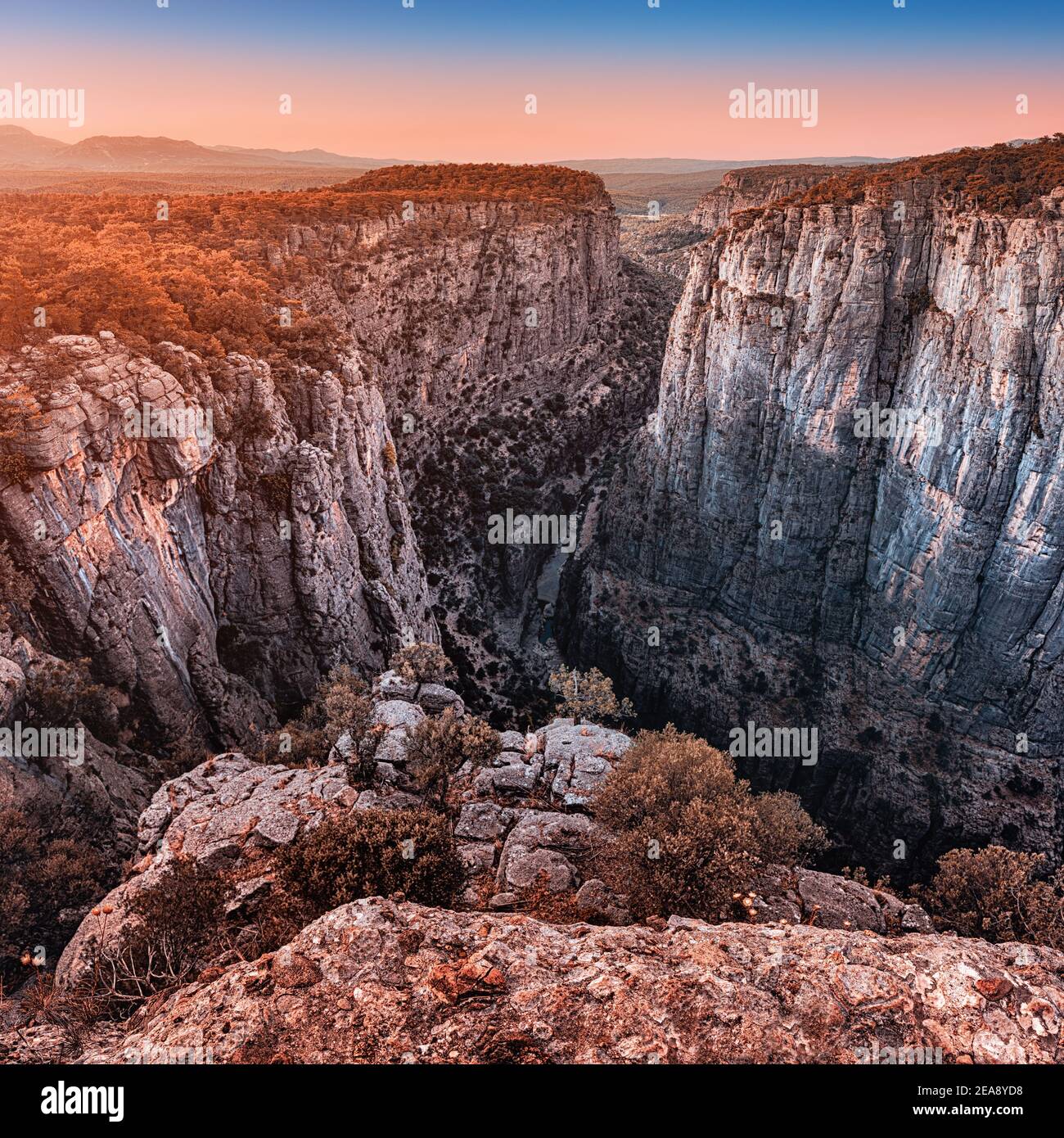 Grandiose fascinating and deep Tazi canyon in Turkey at sunrise. A famous tourist attraction and a great place for photos and Hiking in the mountains. Stock Photo