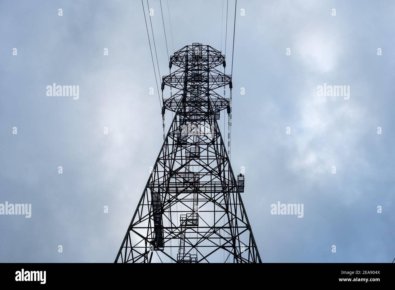Overhead power line for transmitting electricity Stock Photo