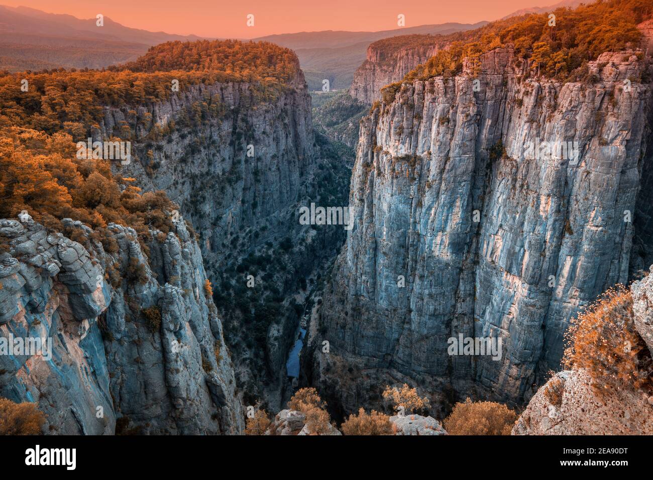 A large and picturesque gorge in the Tazi canyon in Turkey in the rays of the rising sun. A well-known tourist attraction and a place for active recre Stock Photo