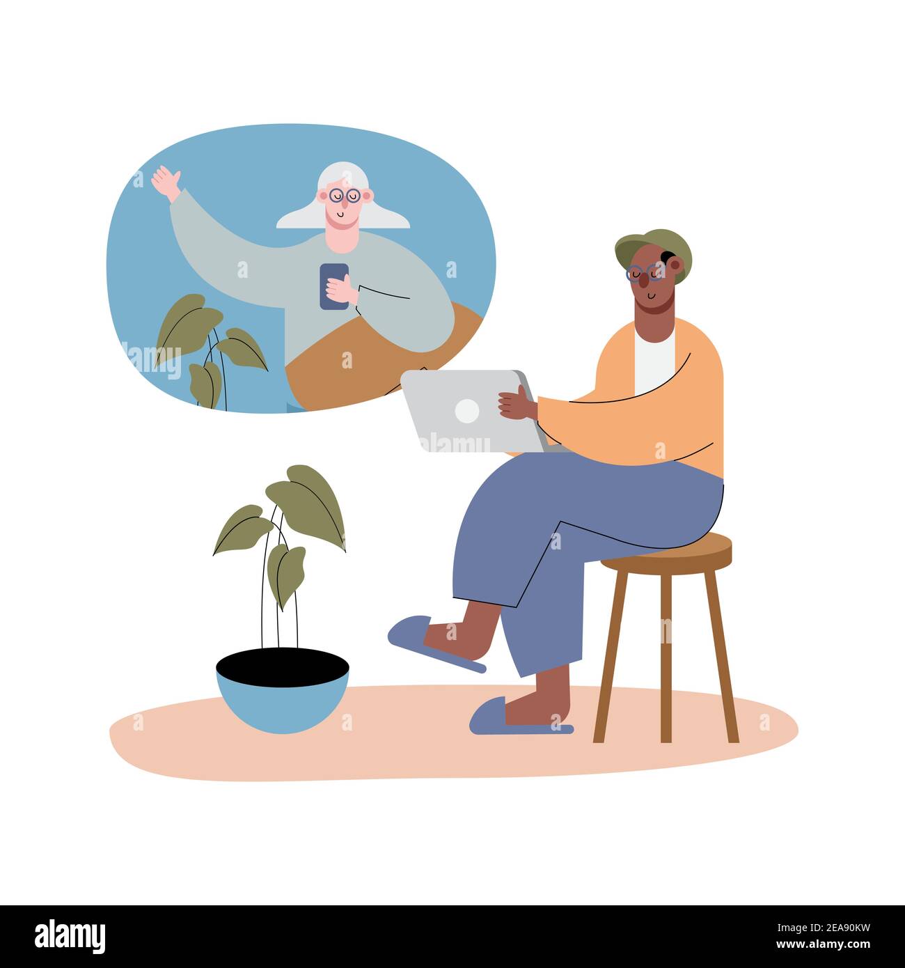 interracial old couple using technology in video calling characters vector illustration design Stock Vector