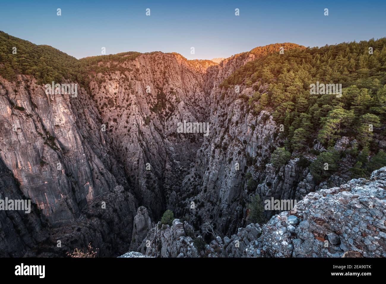 A large and picturesque gorge in the Tazi canyon in Turkey in the rays of the rising sun. A well-known tourist attraction and a place for active recre Stock Photo