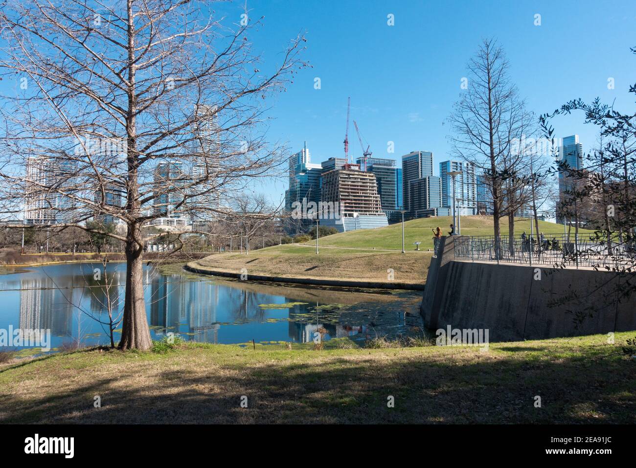 Downtown Austin Texas skyline with pond reflections at Butler Metro Park Stock Photo