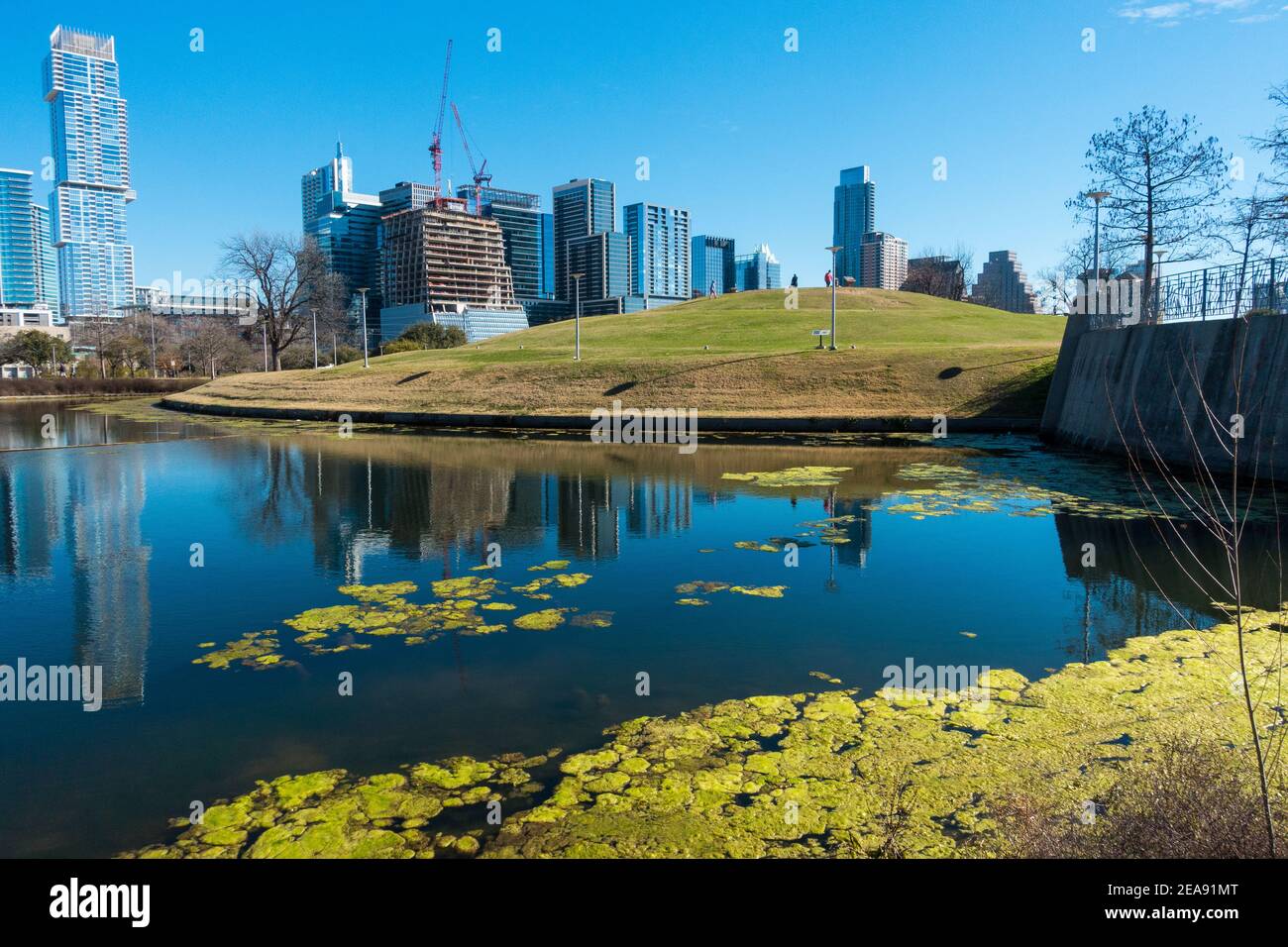 Pond at Butler Metro Park with downtown Austin Texas skyline Stock Photo