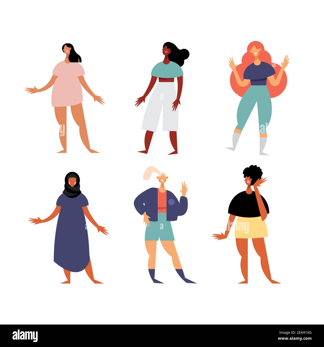 group of six girls characters with diferent dresses vector illustration