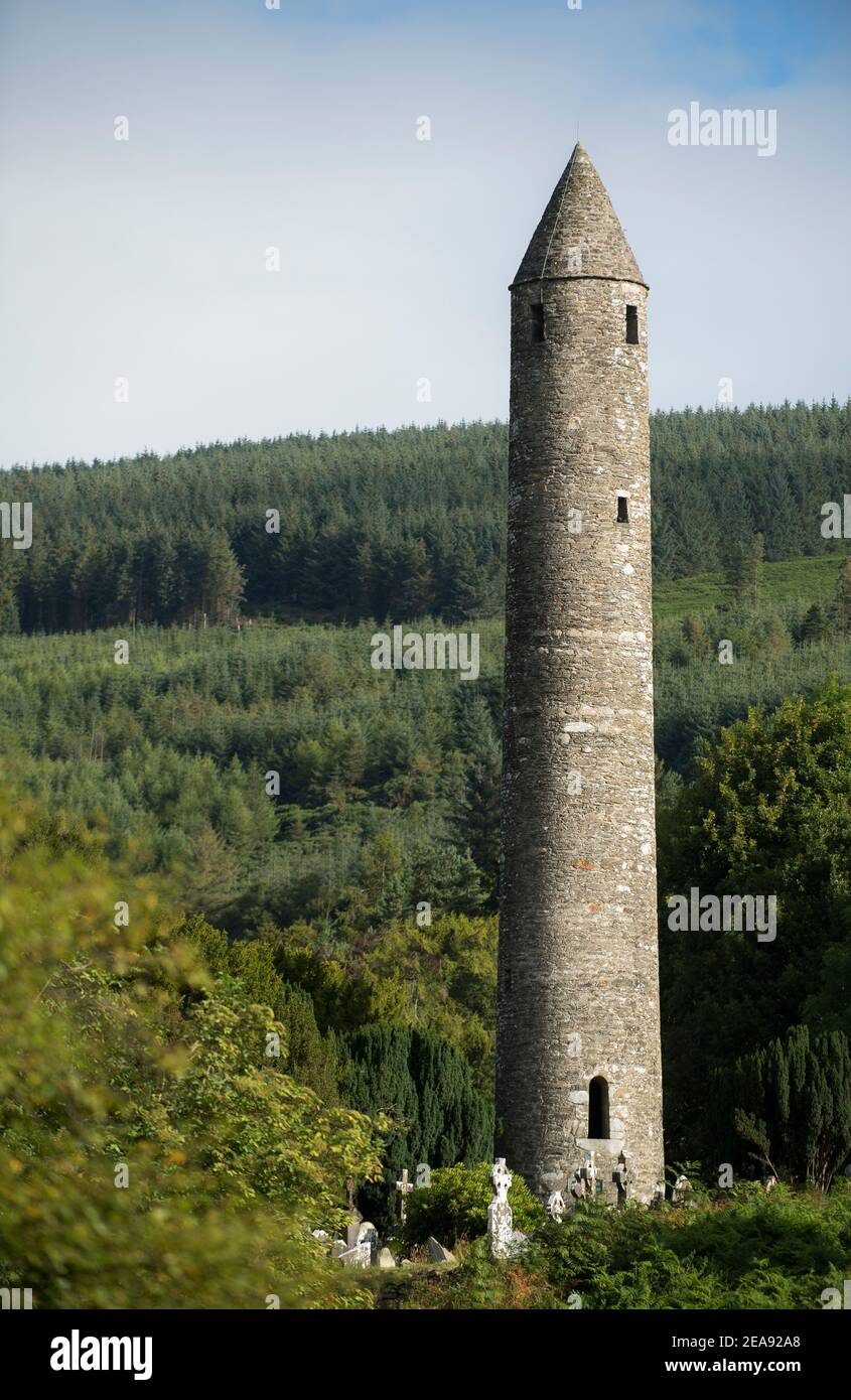 Glendalough or 'the valley of the two lakes' is the site of an early Christian monastic settlement nestled in the Wicklow mountains of County Wicklow, Stock Photo