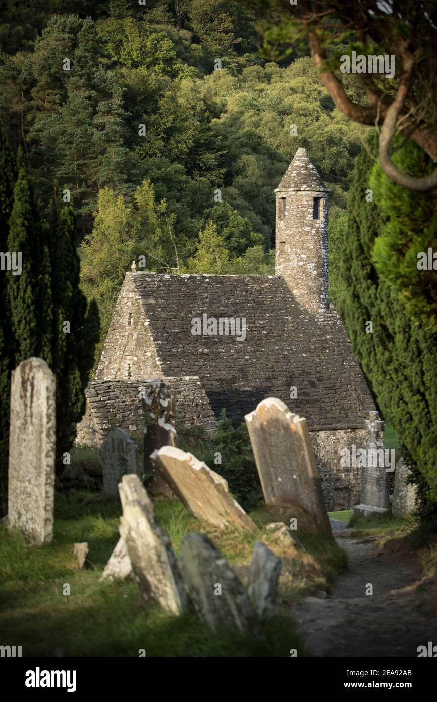 Glendalough or 'the valley of the two lakes' is the site of an early Christian monastic settlement nestled in the Wicklow mountains of County Wicklow, Stock Photo